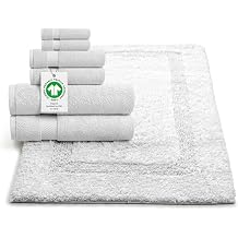 GOTS Certified Organic Cotton 7-Piece Towel Set | 3000 GSM Reversible Bath Mat, Ultra-Plush Spa Towels | Non-Toxic, Eco-Safe | 2 Bath, 2 Hand, 2 Washcloths, 1 Bath Mat - White