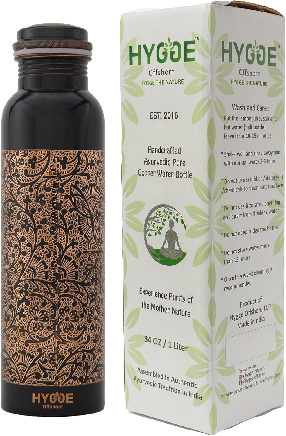 34oz (1L) Pure Copper Ayurvedic Water Bottle Antique Engraved Design Leak-Proof, Travel & Gym Bottle Eco-Friendly Drinkware