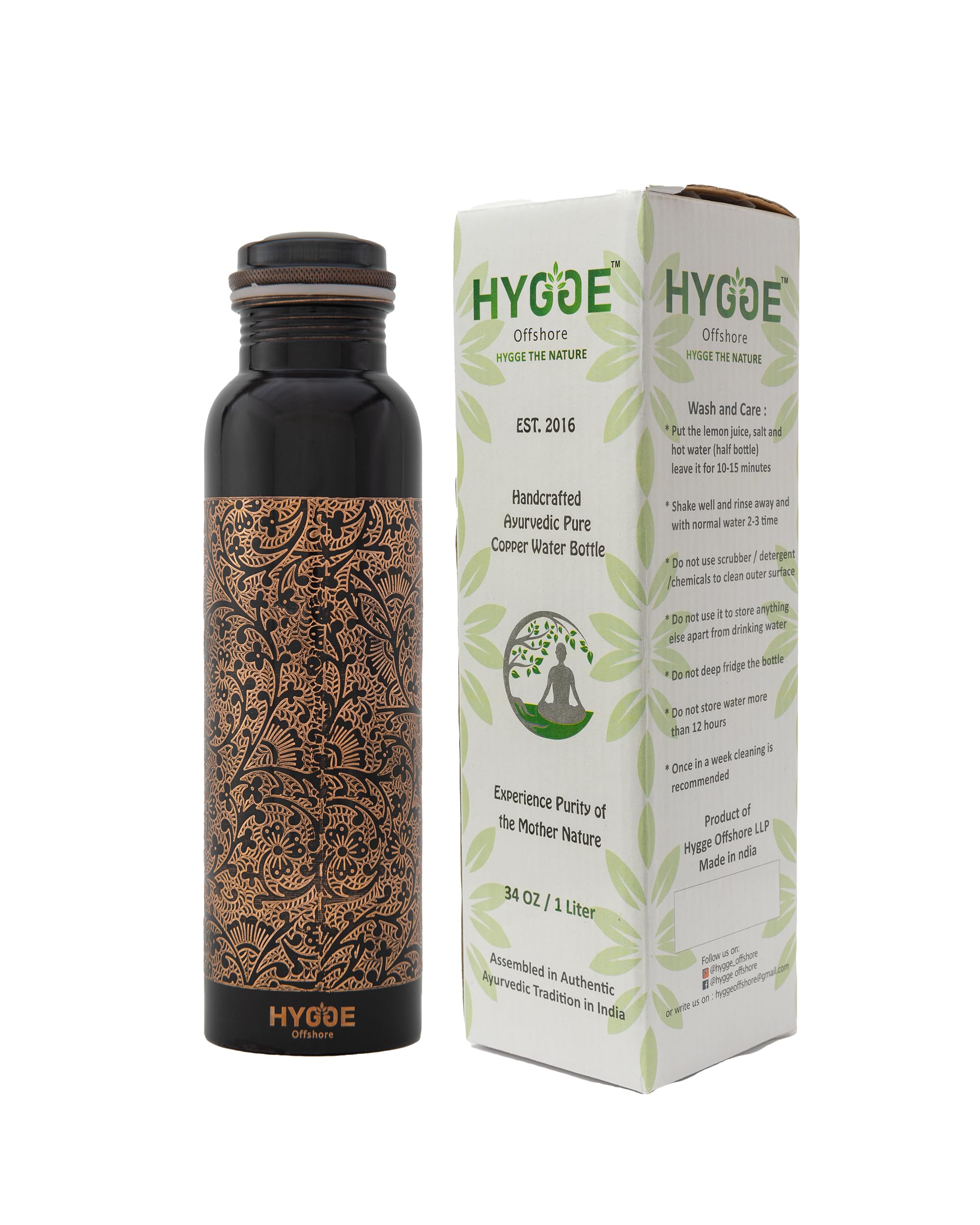 HYGGE Copper Water Bottle, 34 Oz Extra Large, A Antique Engraved Ayurvedic Pure Copper Vessel for Drinking, Drink More Water