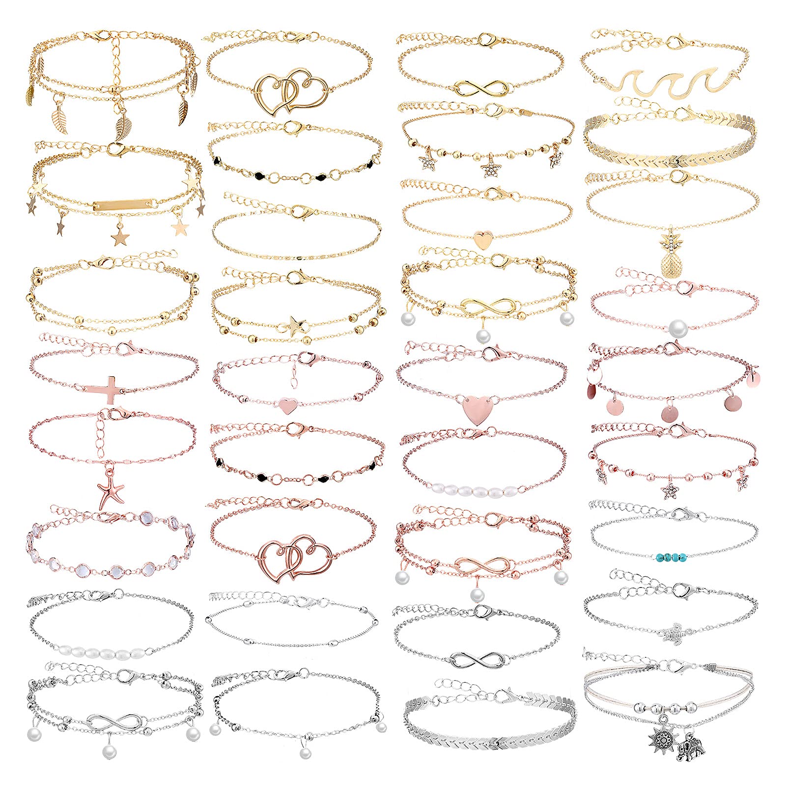 KenningKenning 36 Pieces Boho Ankle Bracelets Beach Anklets Jewelry Set Foot Chains Adjustable Foot Hand Jewelry for Women Girls, Gold, Silver, Rose Gold