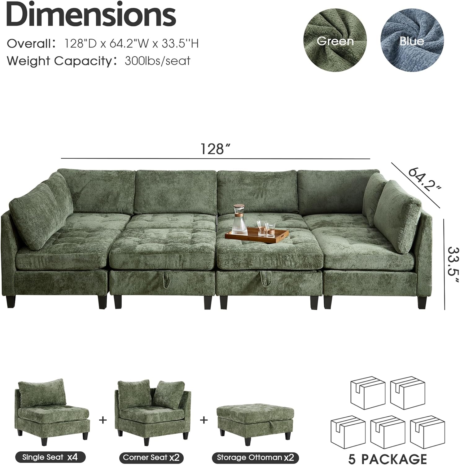 Luxe Oversized Modular Sectional Sofa, Modern Chenille Convertible Sleeper Sofa with Storage Ottoman, Comfy Deep Seat U-Shaped Cloud Couch for Living Room（Green，6-Seater + 2 * Ottoman + Tea Tray）