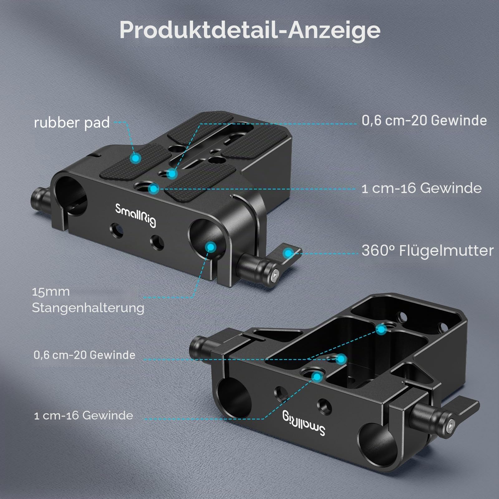 SMALLRIG Kamera-Grundplatte mit Stangenschienenklemme, Grundplatte für Sony A6500 A6600 A6300, für Panasonic GH5 GH6, für Sony A7-Serie, für Canon R5 R6, beide für Kameras und Käfige - 1674