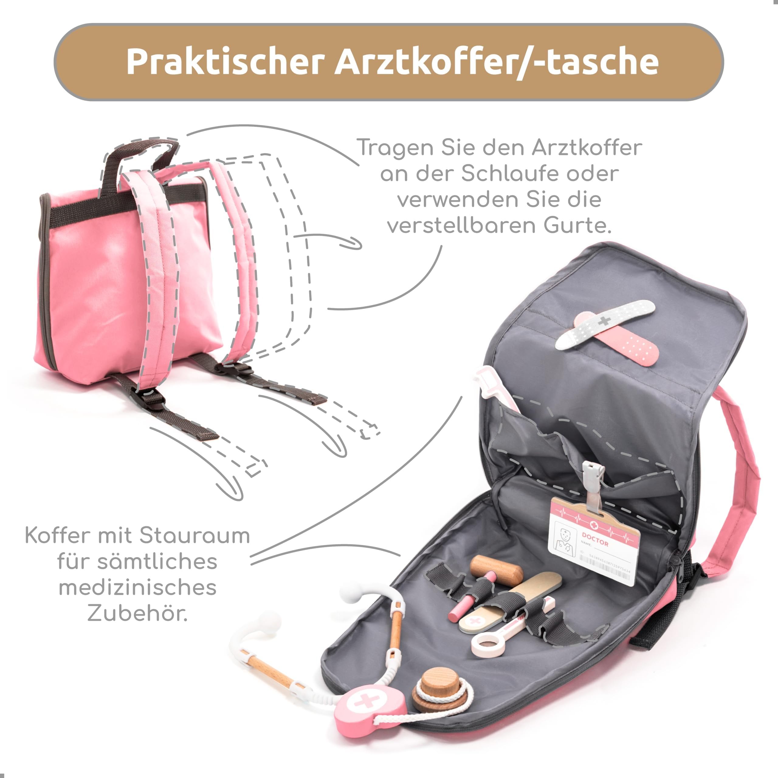 UMU® Arztkoffer Kinder Spielset aus Holz mit Arztkittel, Stethoskop, Zahnarzt Zubehör & mehr, Doktorkoffer Spielzeug für Rollenspiele, 20 TLG. Medizinisches Set für Mädchen ab 3, 4, 5 Jahren