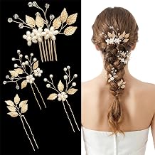 4Pcs Gold Leaf Pearl Hair Forks Bridal Wedding Hair Pins Crystal Rhinestone Comb Flower Headpiece Vintage Clips for Women Bride Bridesmaids Updo Bun Accessories