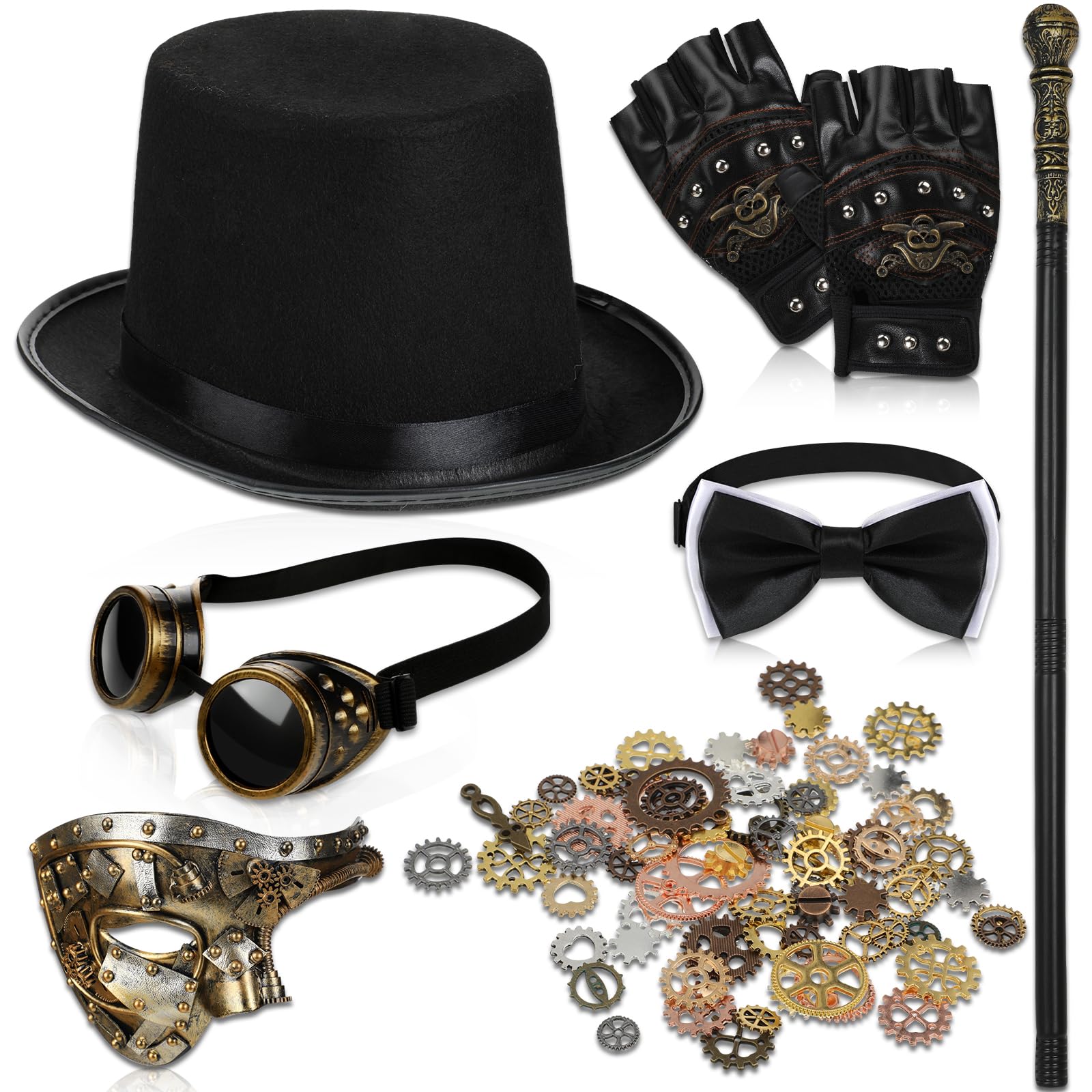 Xtinmee 7 Pcs Steampunk Costume Accessories for Men Retro Costume Accessory include Steam Punk Hat Steampunk Goggles Bowtie Leather Gloves Cane for Halloween Party