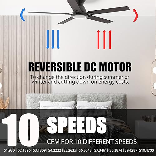 Miniatura 5 de Ventilador de techo inteligente de perfil bajo con luces, ventilador de techo inteligente de 10 velocidades DC con control remoto, compatible con