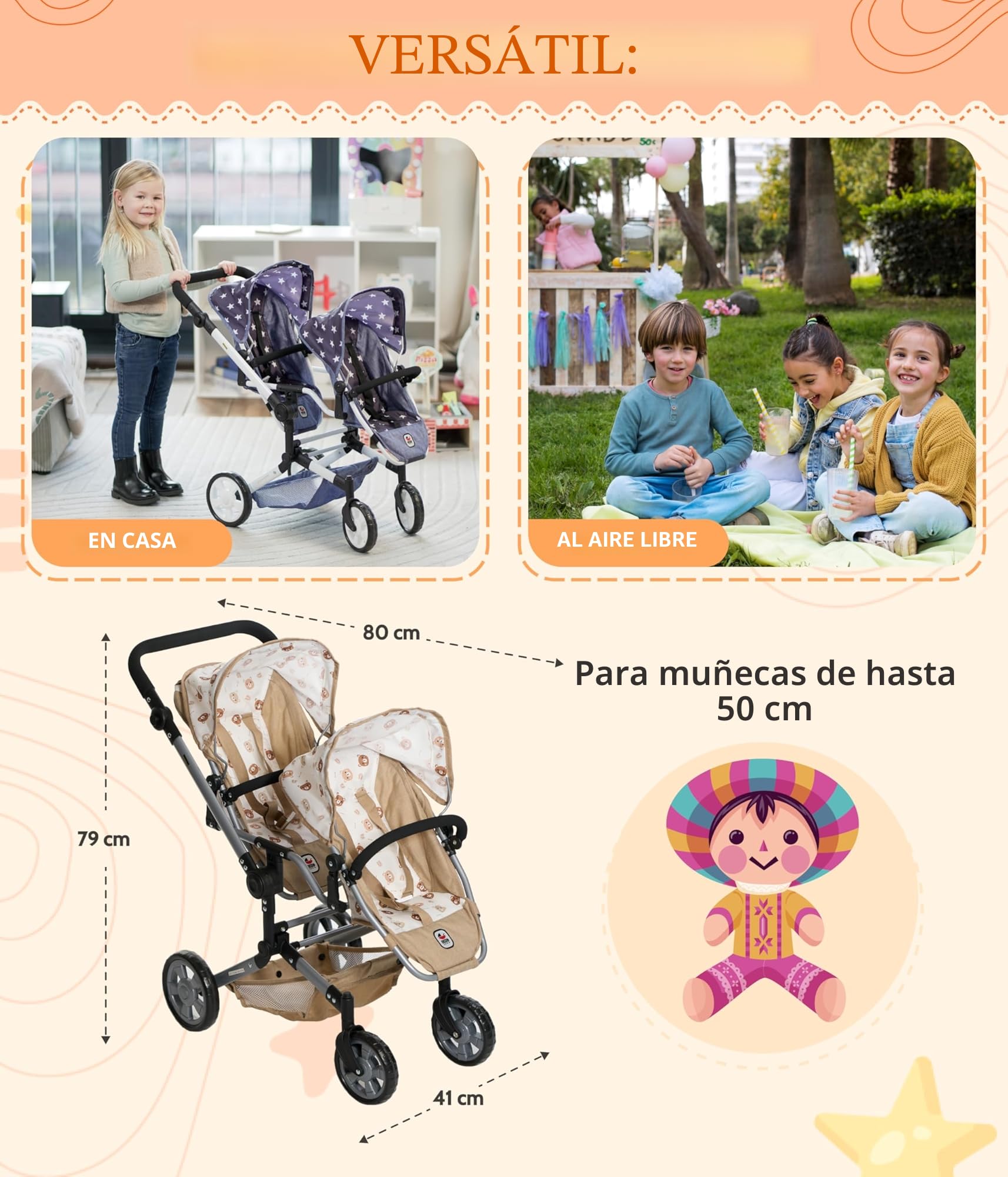 Bayer Chic 2000 Cochecito Muñecas Linus Duo | Carricoche Gemelar de Juguete | Silla gemelar de juguete con manillar ajustable (50-82 cm). Un cochecito de muñecas doble, robusto, estable y plegable.