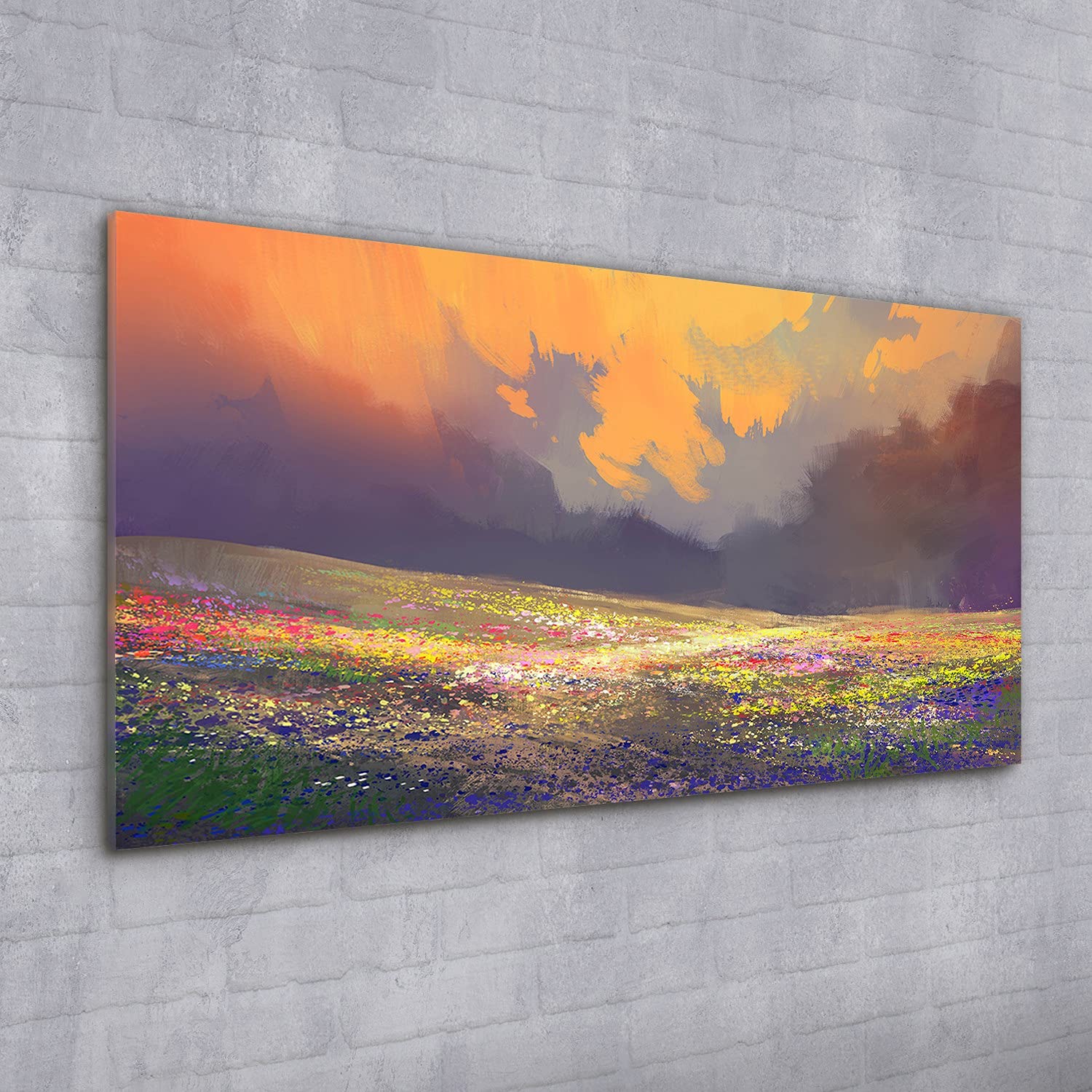 Coloray Pintura acrílica Cuadro De Pared 100x50cm Vidrio Acrílico Sala De Estar Arte Mural - Flores pradera cielo