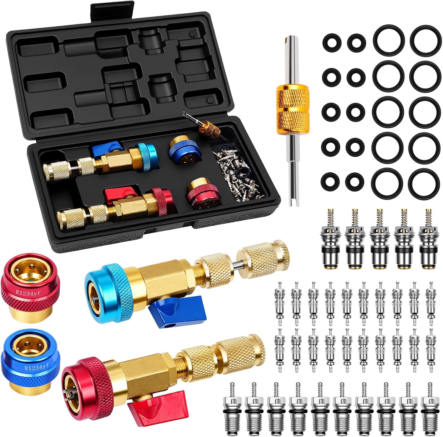 DikTalk 60pcs AC Schrader Valve Core Removal Tool Kit for R134A R1234YF R22 - Remover Installer with O-Rings Seals High Low Pressure