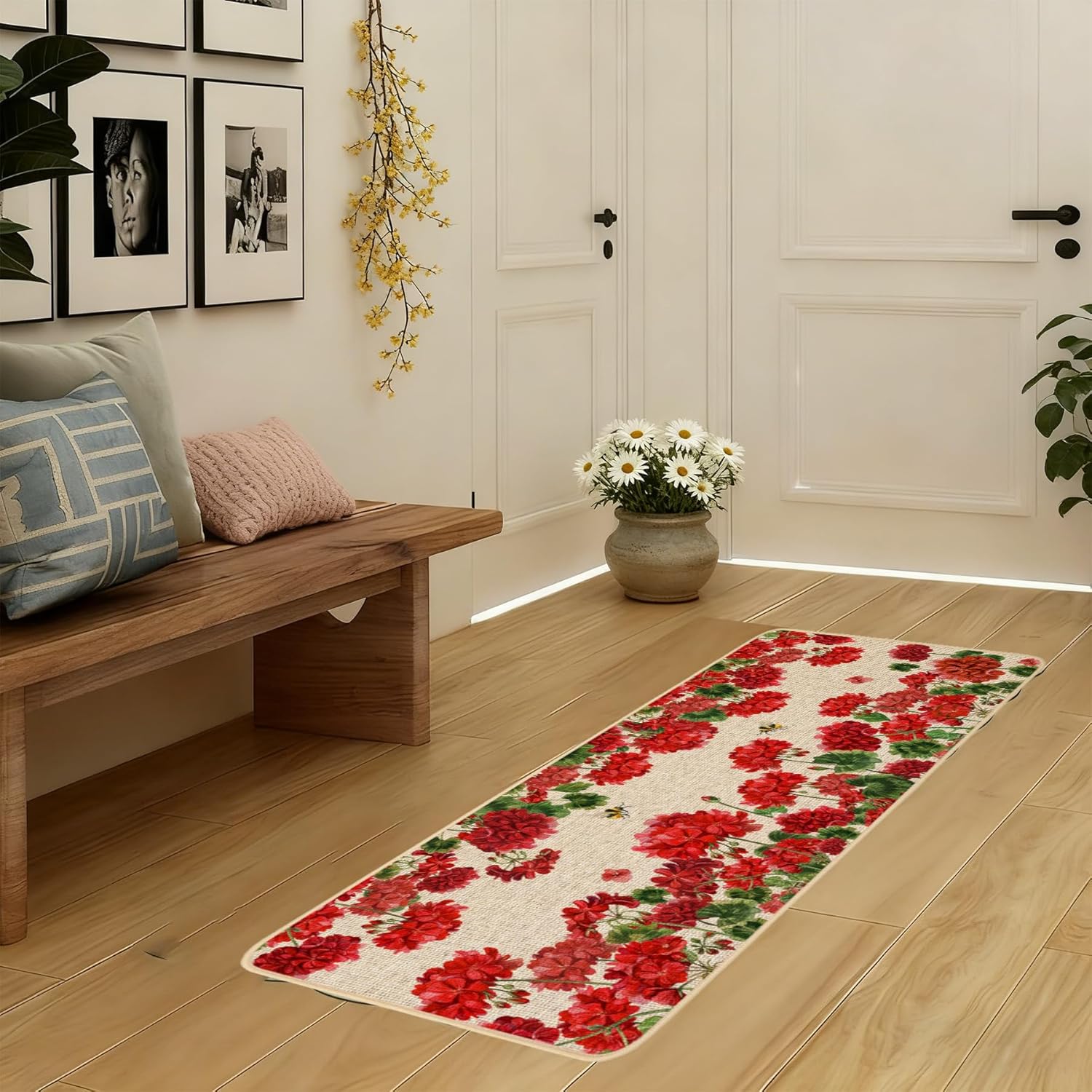 Baccessor Spring Summer Geranium Doormat Outdoor Extra Long 17x47 Inch, Red Flroal Flower Front Welcome Doormat Door Mat Non-Slip Rubber Backing Entrance Seasonal Outside Indoor Decoration