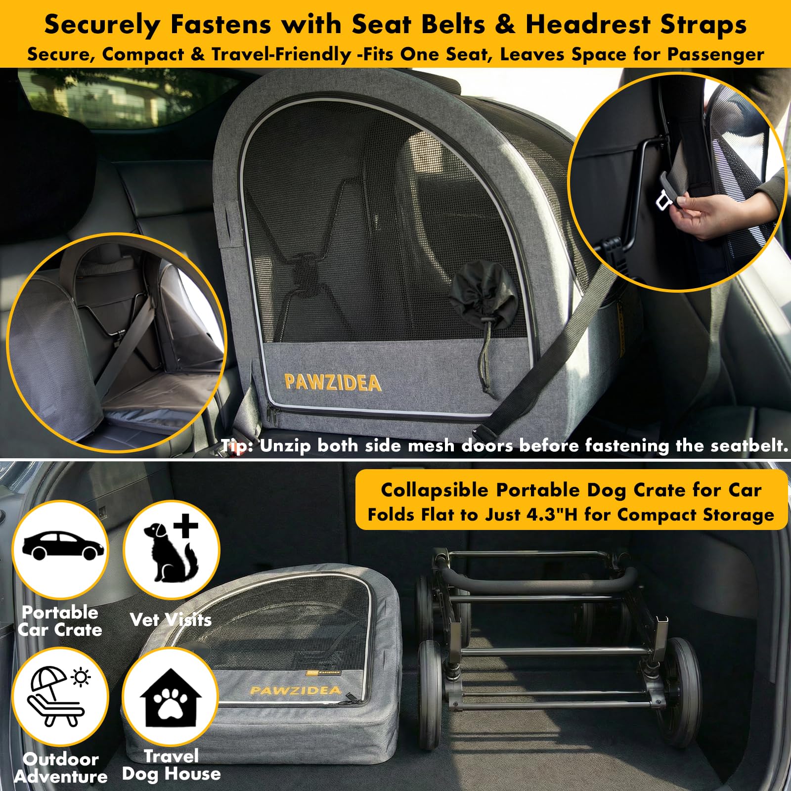 PAWZIDEA Passeggino per cani di grandi dimensioni, extra large, con trasportino staccabile, fino a 50 kg (grigio)