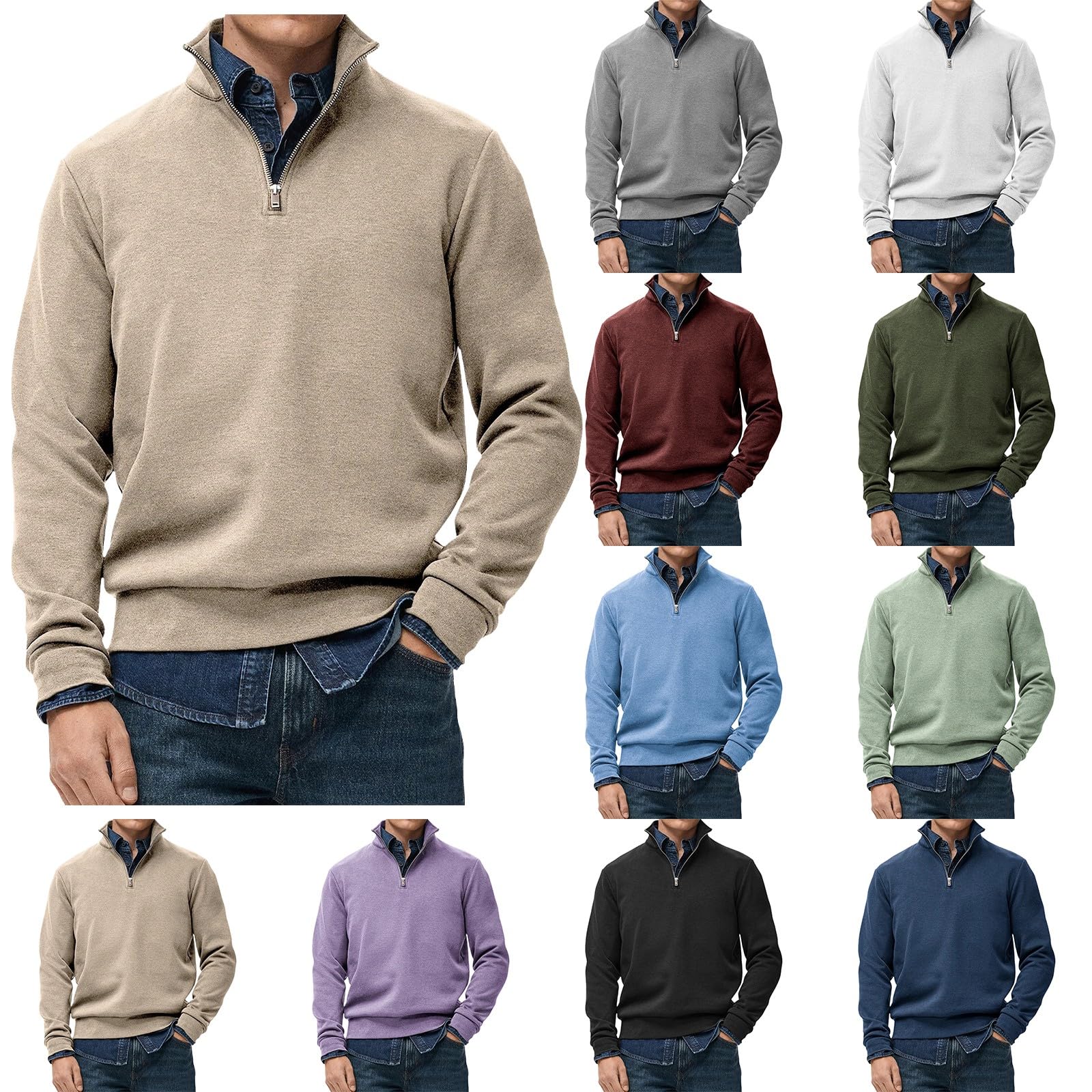 Jersey de punto para hombre, con media cremallera, cuello alto, cremallera de 1/4, para golf, ajuste delgado, suéter de invierno, cálido, de manga larga, cuello alto, suave, regular inteligente