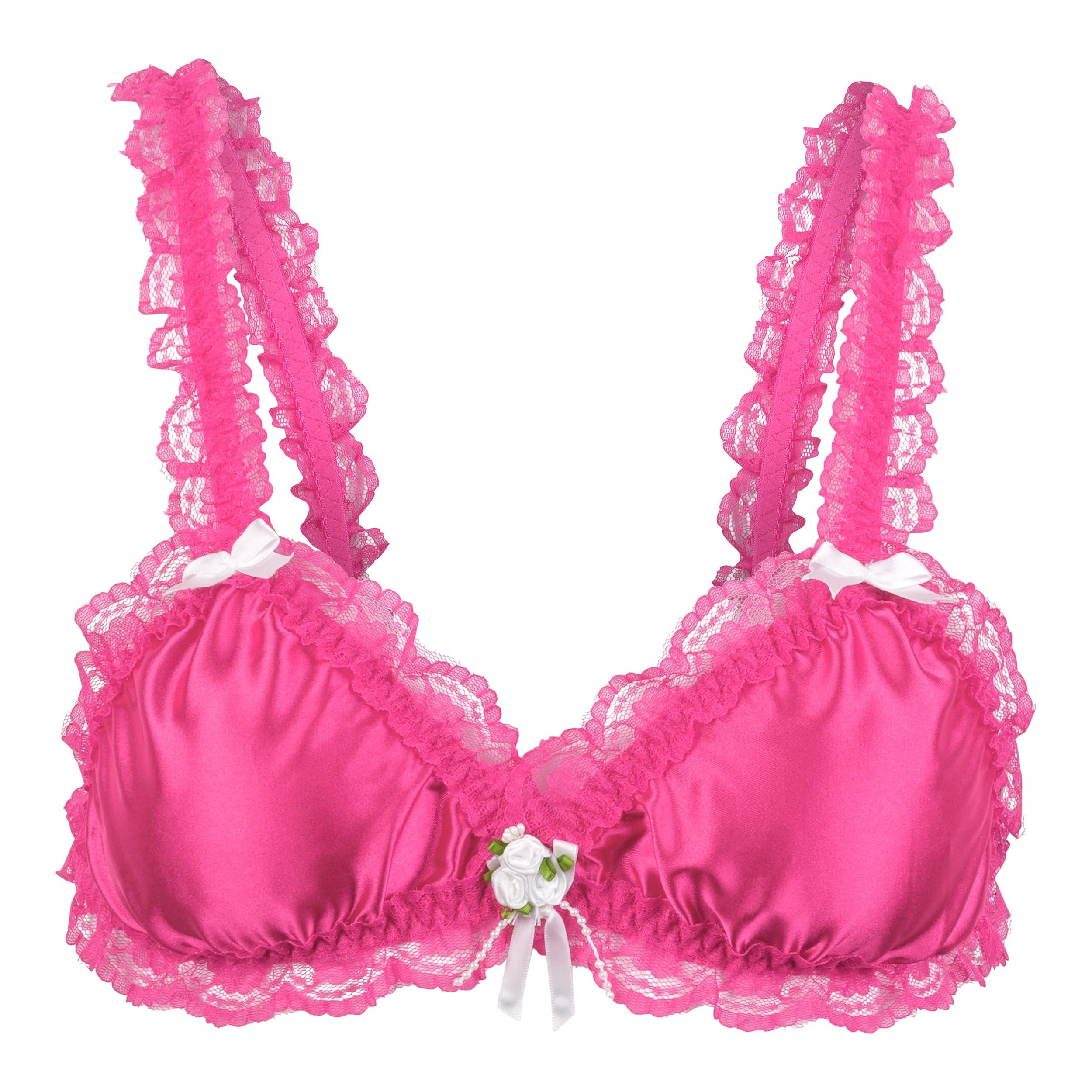 Satini Satin Frilly Elasticated Bralette, Hot Pink, M
