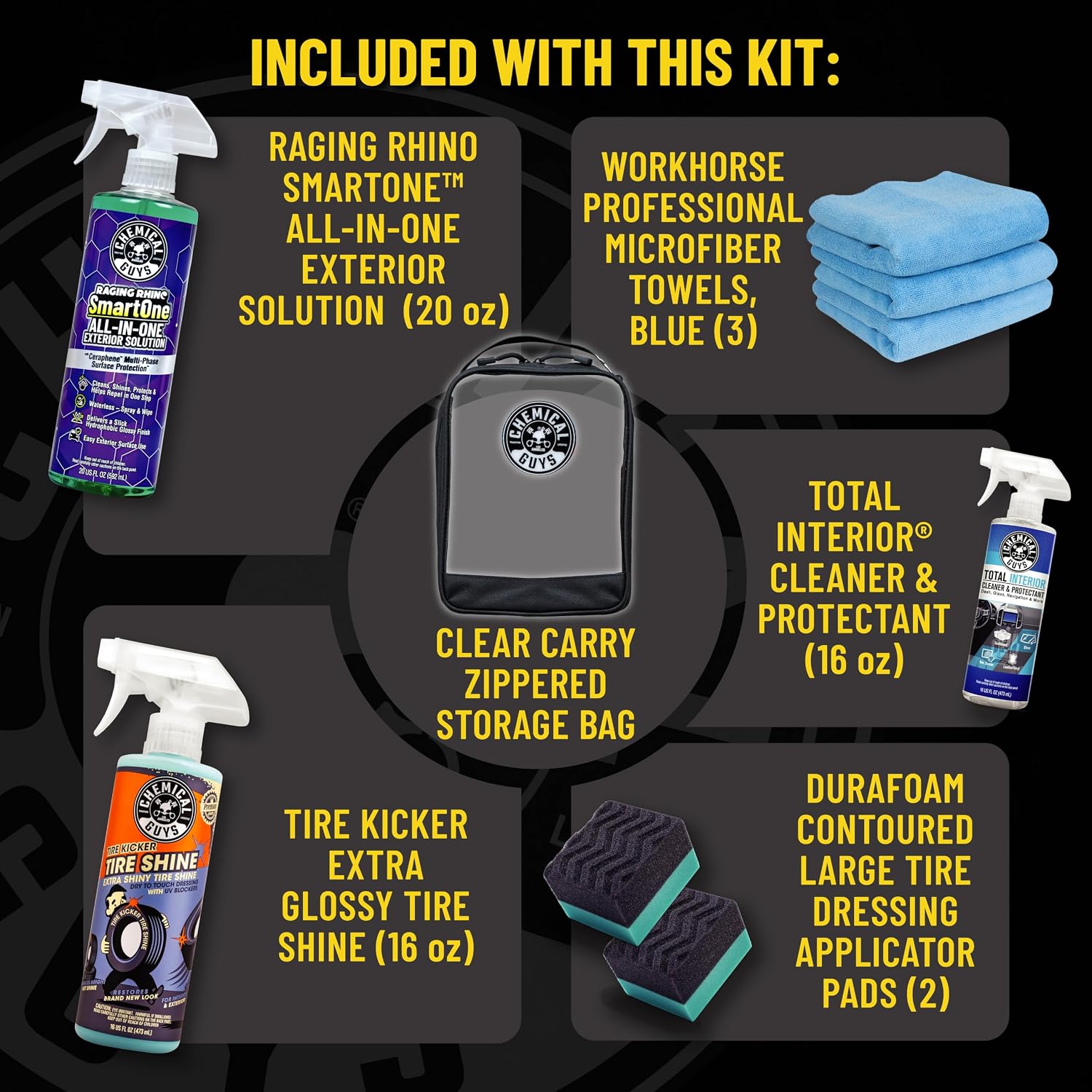 Chemical Guys Quick Detailing Kit With Storage Bag, Raging Rhino SmartOne Exterior Spray, Interior Cleaner, Tire Shine, Microfiber Towels, And Applicators Giftable Car Care Set
