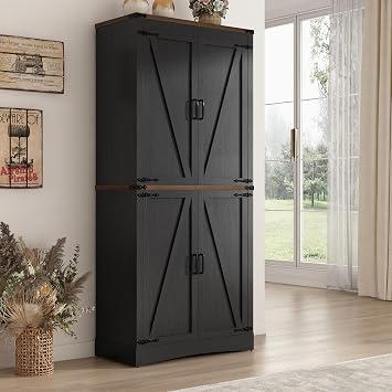 Hlivelood 71" Tall Kitchen Pantry,Farmhouse Storage Cabinet with Adjustable Shelves,Load-Bearing Steel Pipe,Farmhouse Pantry Cabinet with 4 Barn Doors,for Kitchen,Dining Room,Living RoomBlack