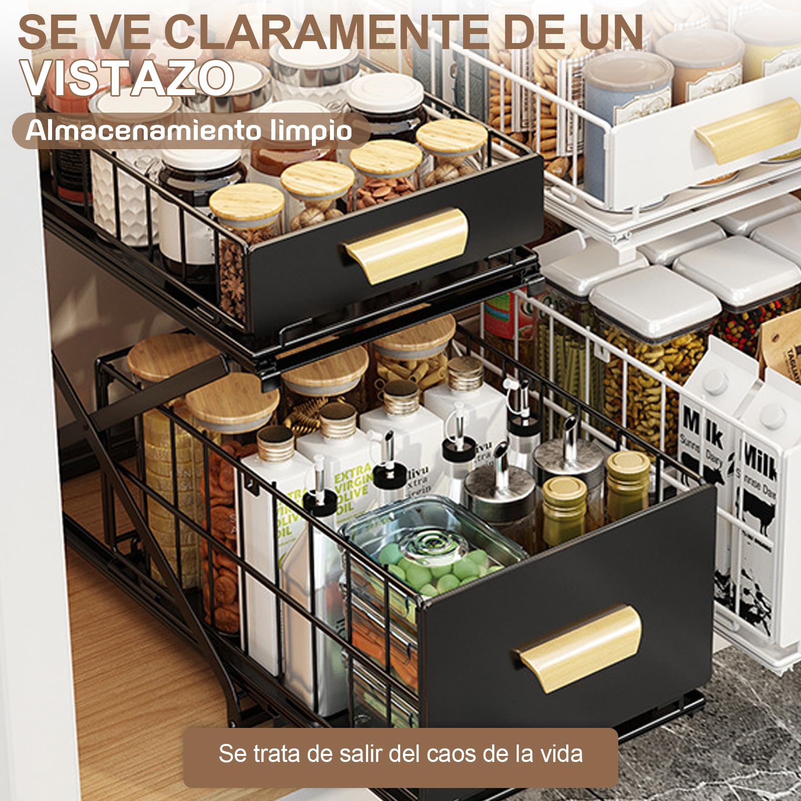 Organizador de cocina plegable de 2 niveles, 26 x 40 x 43 cm, estante para especias, cajón extraíble regulable en altura, organizador para armario que ahorra espacio, para especias, cosméticos, baño