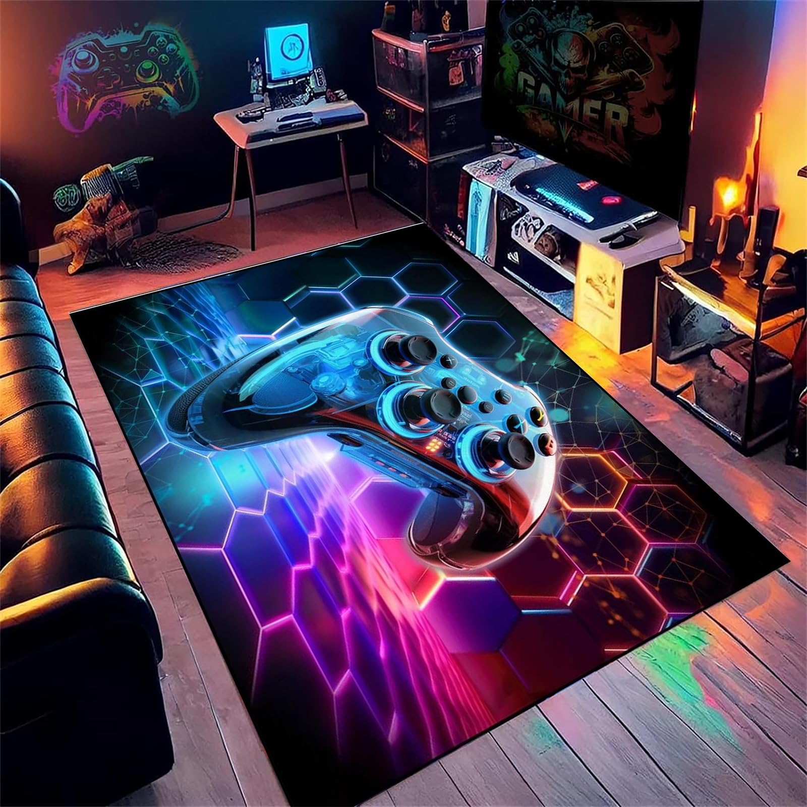 AOESELN 3D Gamepad Rug,180x260cm Gaming Area Rugs,Non-Slip Gaming Carpet for Teen Gamers,Soft, Foldable, Machine Washable Mat,for Boys Girls Rooms Dorm Game Lounge