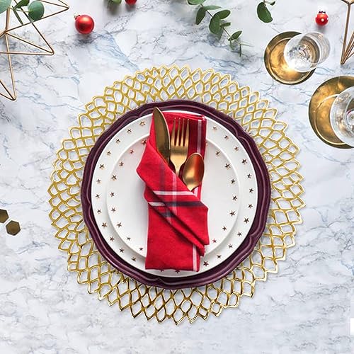 Miniatura 4 de BRKURLEG Paquete de 5 manteles individuales huecos metálicos de vinilo prensadocargadorcentro de mesa de boda redondos, manteles individuales de