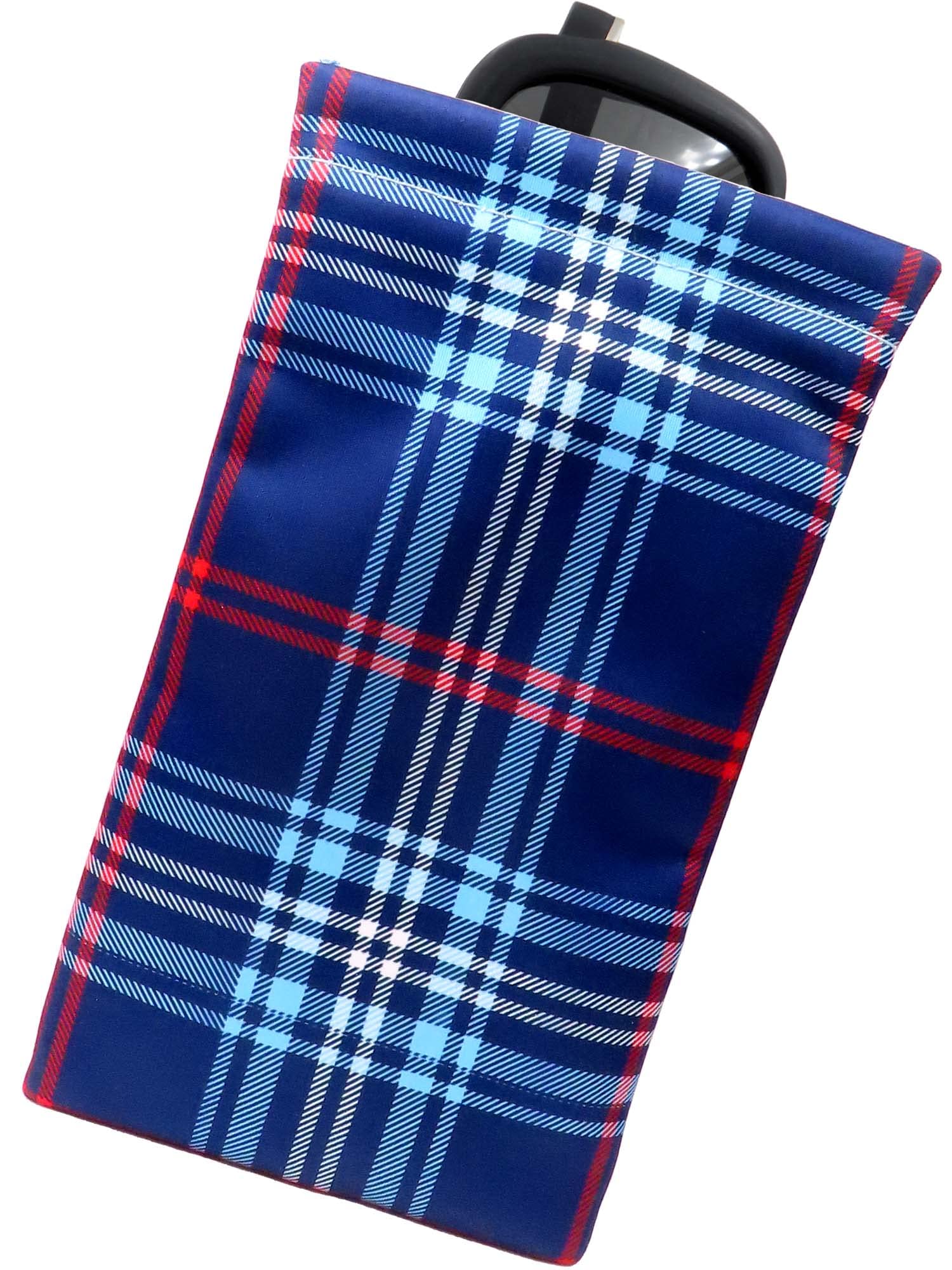 Soft Sunglasses case | Large Glasses Case Holder - Eyeglass Pouch Squeeze Top | Glasses pouch Lightweight Extra Layers, Plaid Blue, Large