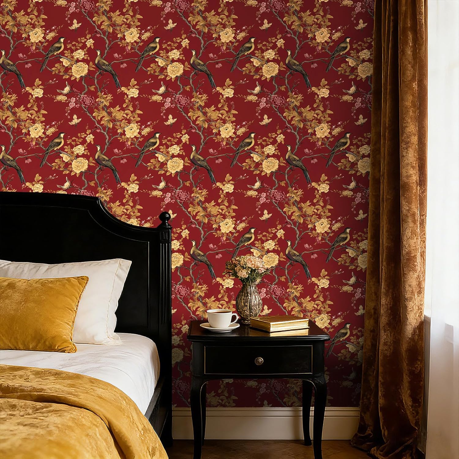 Yenhome Red Oriental Traditional Bird Floral Themed Chinoiserie Wallpaper Peel and Stick 17.5"X23ft Gold Peony Aesthetic Wallpaper Contact Paper for Bedroom Kitchen Cabinets Vinyl Wall Paper Removable