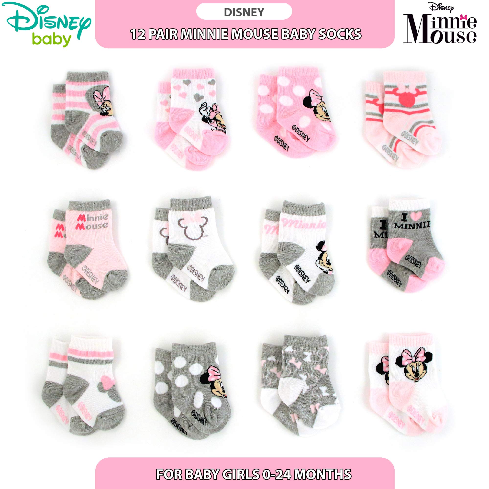 Disney Baby Girls Assorted Minnie Mouse Designs 12 Pair Socks Variety Set, Age 0-24 Months