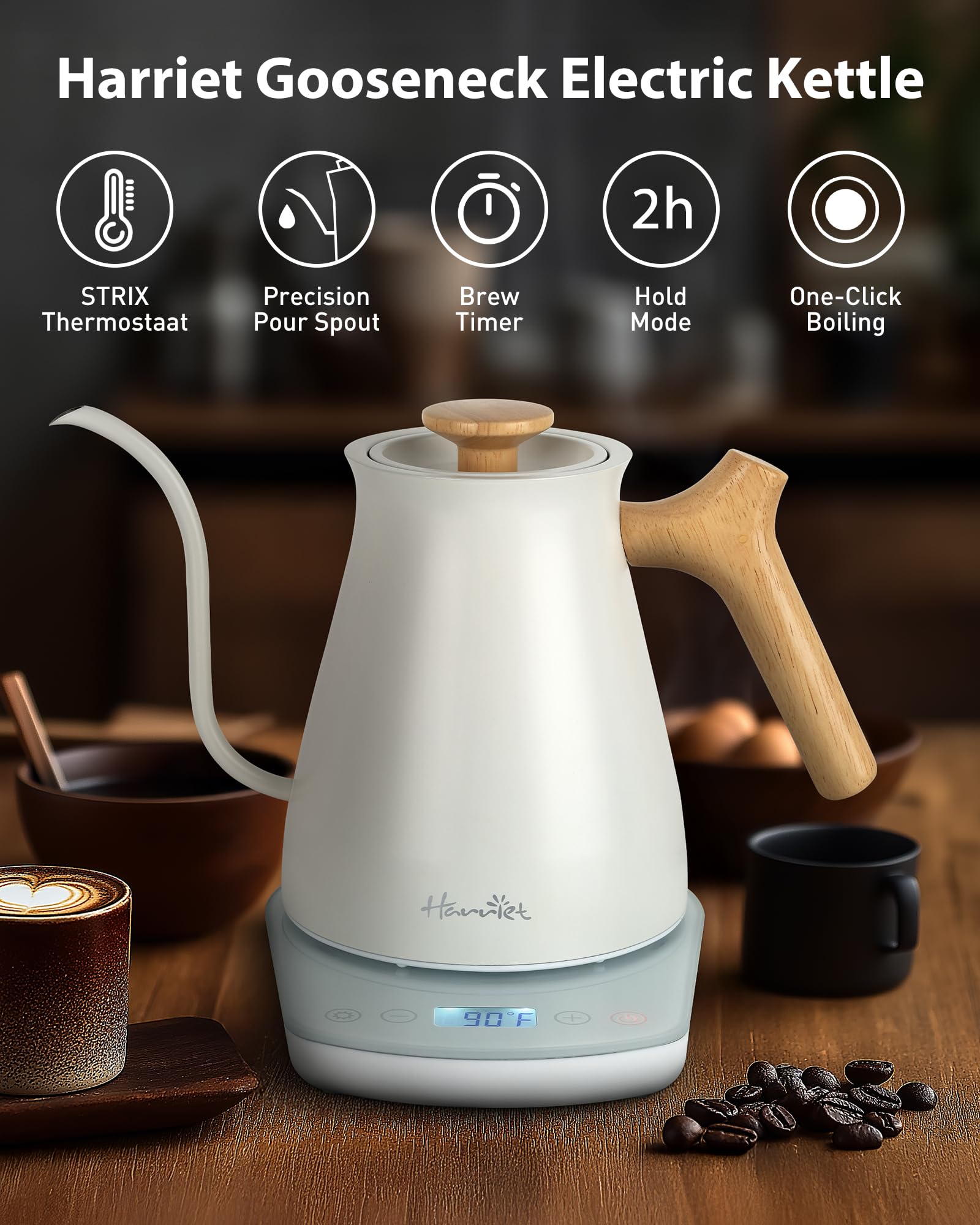 Harriet Gooseneck Electric Kettle with Temperature Control & Bult-in Timer - 1200W Fast Heating, 0.8 Liter, Wood Handle, Stainless Steel Electric Tea Water Kettle for Pour Over Coffee and Tea, White