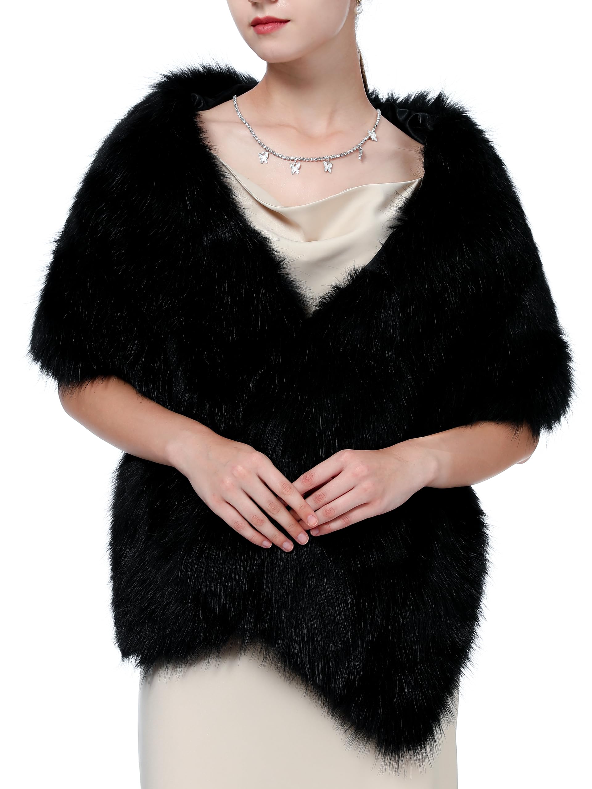 LA CARRIE Châle long en fausse fourrure pour femme - Cape de mariée - Étole d'hiver douce, noir, taille unique