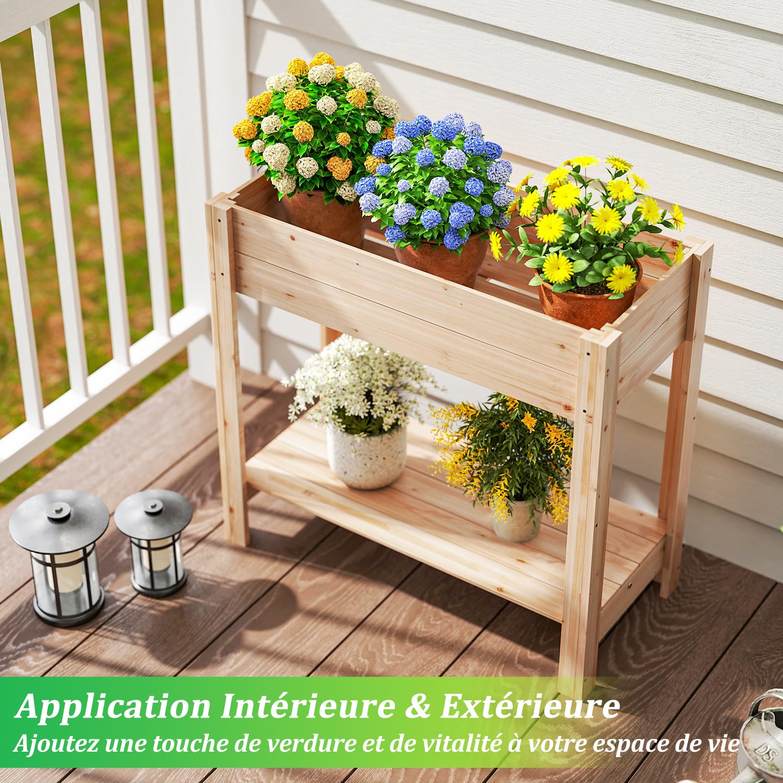 COSTWAY Jardinière Surélevée en Bois avec Pieds, Lit de Jardin avec Étagère de Rangement et Trous de Drainage, Conteneur pour Fleurs Herbes Légumes Fruits (81 x 38 x 76 cm)