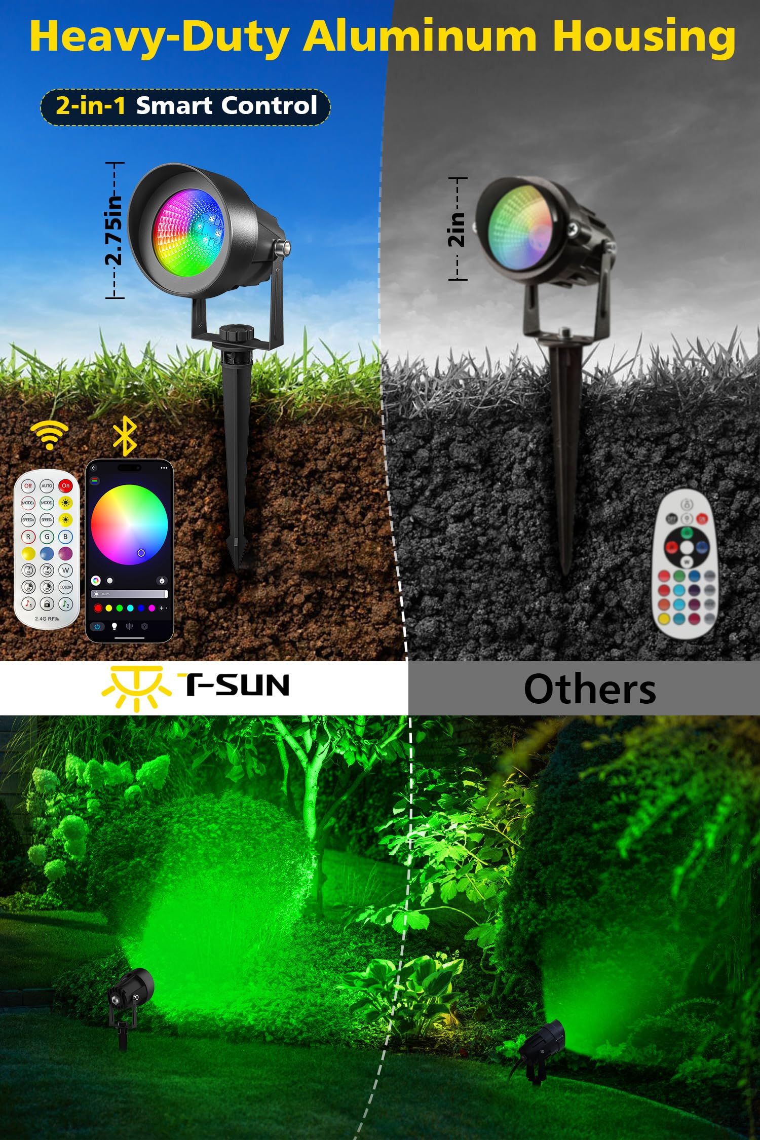 T-SUN 6 Pezzi Faretto RGB da Giardino con Telecomando & Bluetooth COB Alluminio Esterno con Adattatore A Tempo Colore Regolabile IP65 Impermeabile Faretti LED da Esterno per Sentiero Terrazza Natale