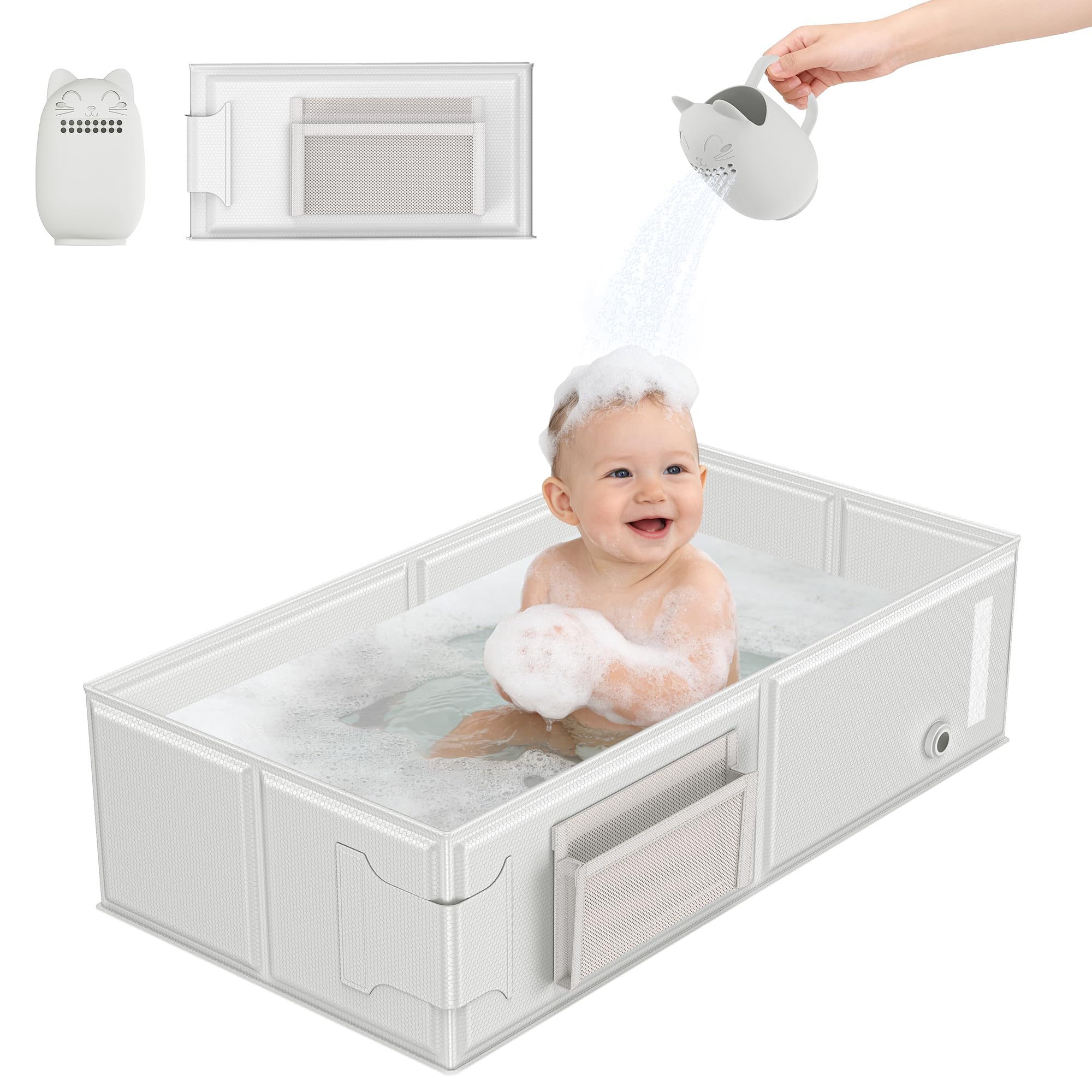 Baby Bathtub Portable Bathtub with Cat-Patterned Bath Rinse Cup Foldable Bath Tub for Small Bathroom Toddler Tub for