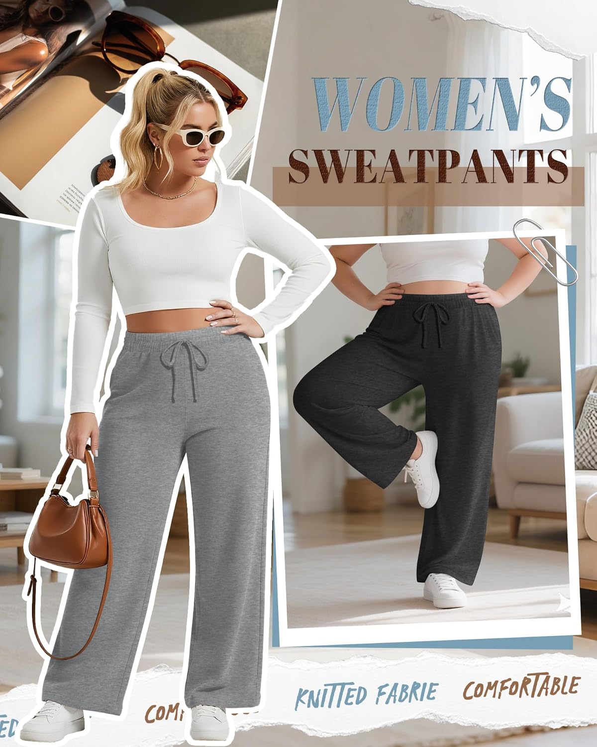Neer 3 Pack Women's Plus Size Wide Leg Pants, Elastic Waist Lounge Pants with Pockets Drawstring Casual Pj Yoga Sweatpants - Image 2