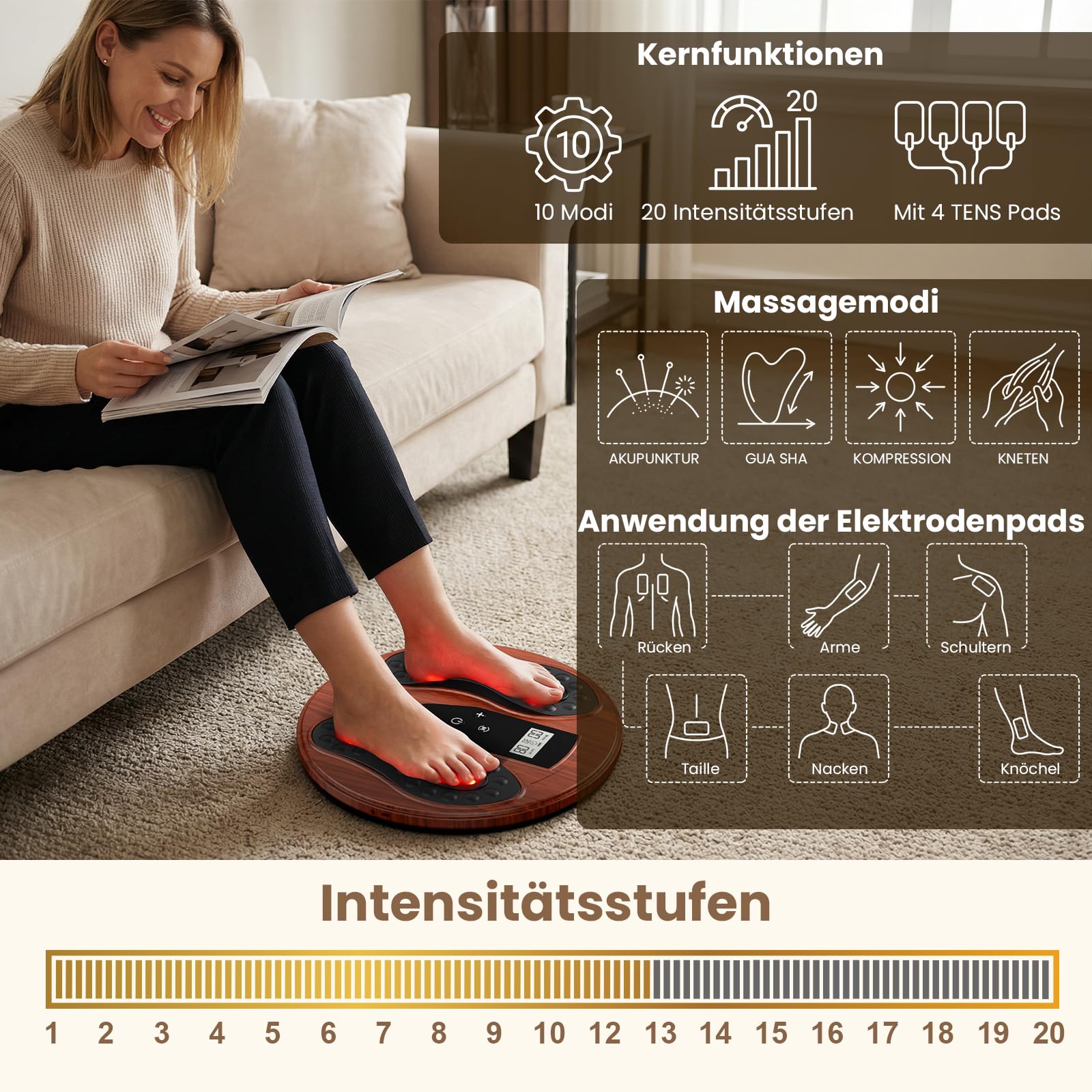 Medic Durchblutungs-Stimulator Füße Beine, EMS Fußmassagegerät mit Rotlichttherapie (660 nm + 850 nm), Elektrische FußMassagegeräte mit 4 TENS Elektrodenpads, zur Verbesserung der Durchblutung