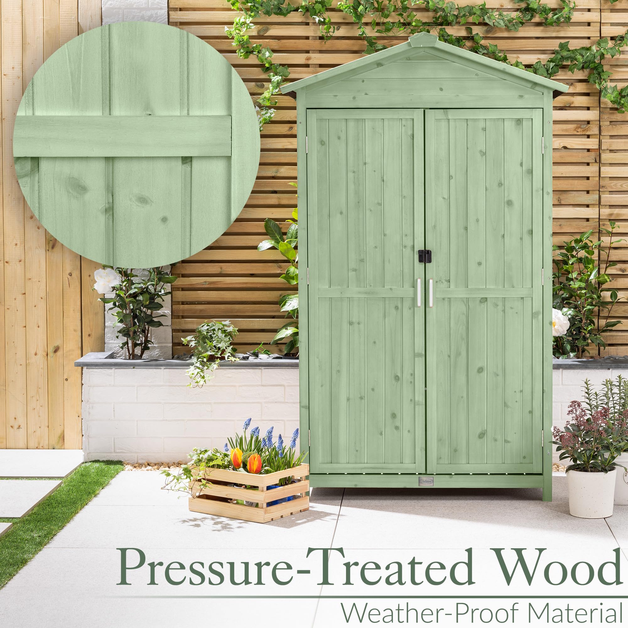 Christow Small Double Door Garden Shed – Sage Green, Tall Wooden Outdoor Storage, Slim Utility Shed, Three Configurable Shelves, Treated Wood, Lockable Doors, Sloped Roof, H166cm x W100cm x D64cm — view 5