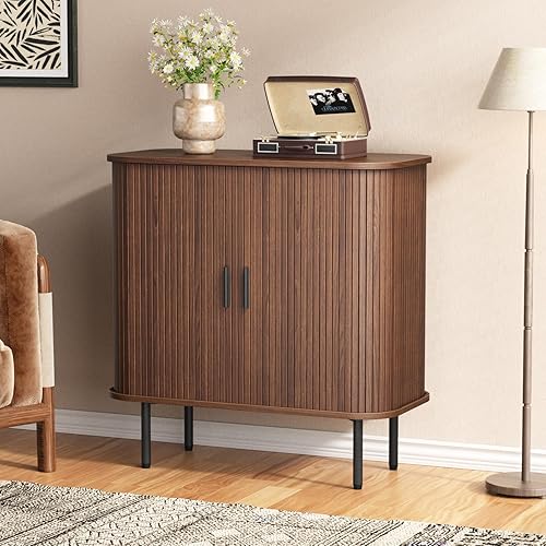 31''W Storage Cabinet, Fluted Sideboard Buffet Cabinet with Storage, Console Table Credenza with Tambour Slatted Sliding Doors for Living Room, Kitchen, Entryway, Walnut