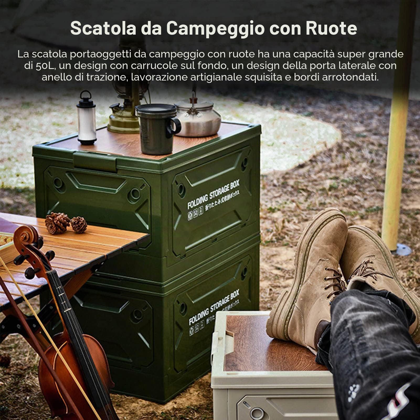 Naroote Box da Campeggio, 50L Contenitore da Campeggio Pieghevole Impilabile a 5 Porte di Grande capacità con Ruote per Auto (OD Verde)