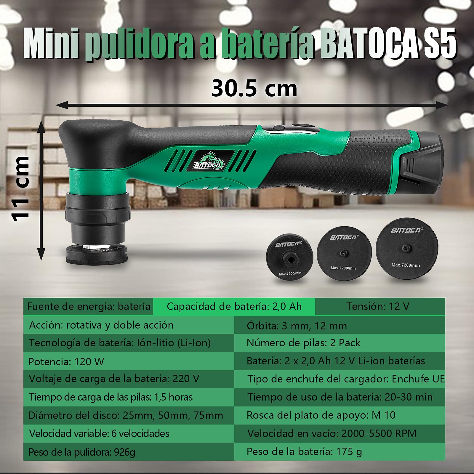 BATOCA S5 Mini Pulidora Coche Inalambrica Pulidora Orbital Rotativa Para el Pulido de Detalles de Automóviles con Almohadillas de Pulido de 25/50/75mm Perfecta para Detailing Coche Kit Batería de 12V