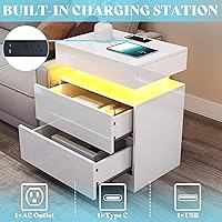 Vista 5 de AMERLIFE Juego de 3 mesas de sala de estar de alto brillo, modernos juegos de mesa de café LED de 3 piezas, mesa de centro de 2 niveles con 2 mesas