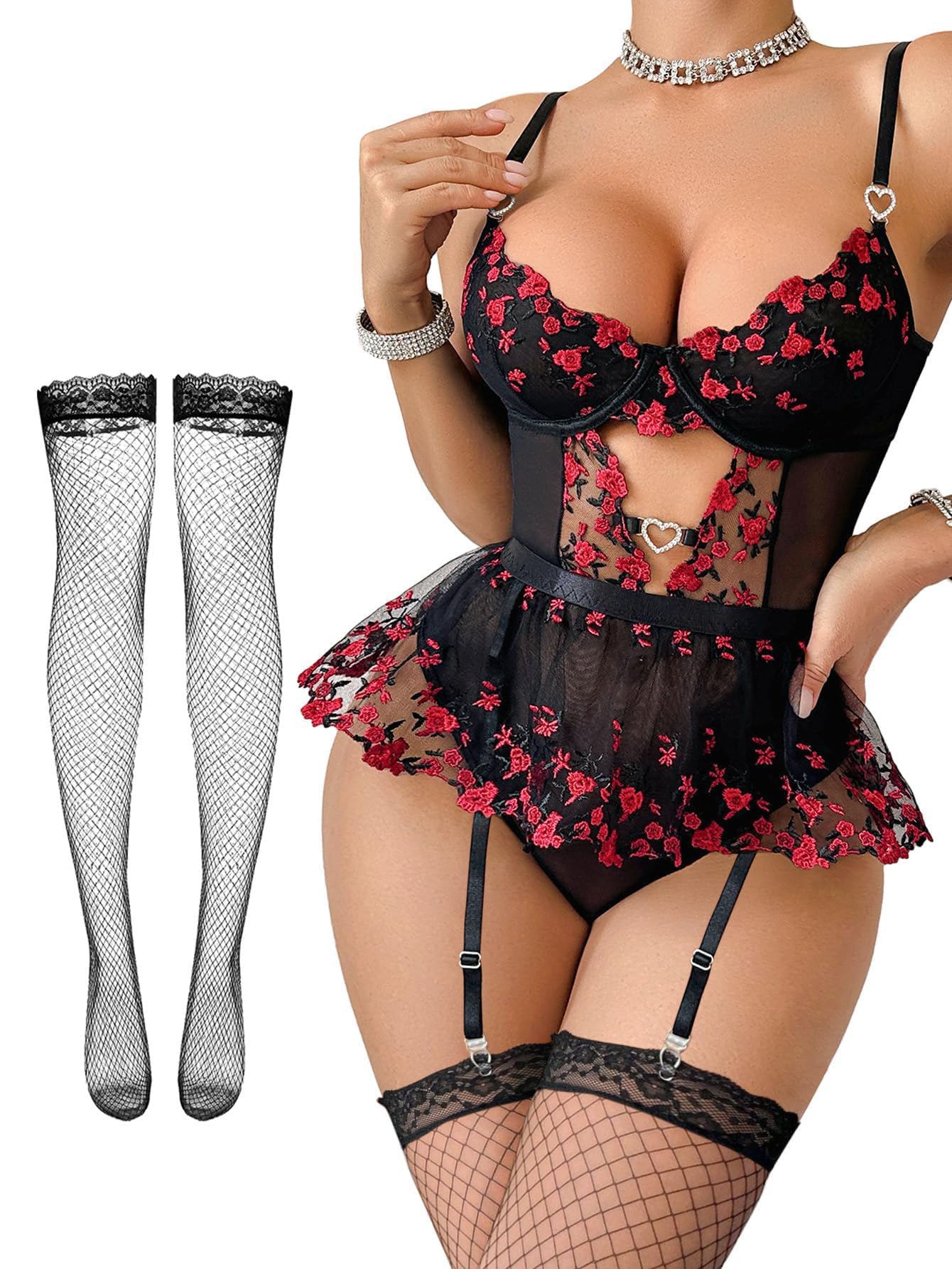 Sexy outfit Seksowne pończochy dżetów podwiązka w kształcie serca fiszbiny kwiecista siateczka koronkowa przezroczysta bielizna dla lalki Teddy body zestaw spódnic