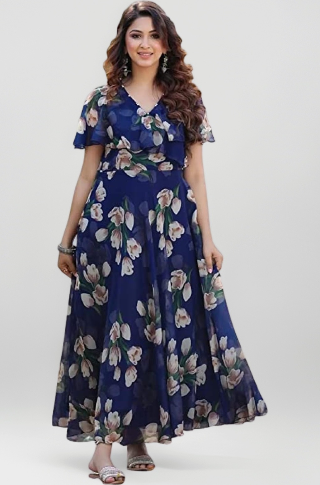 Women's Georgette Casual Floral Digital Print Half Sleeve Knee Length Fit and Flare Long Maxi Gown Dress (Flower_Gown)
