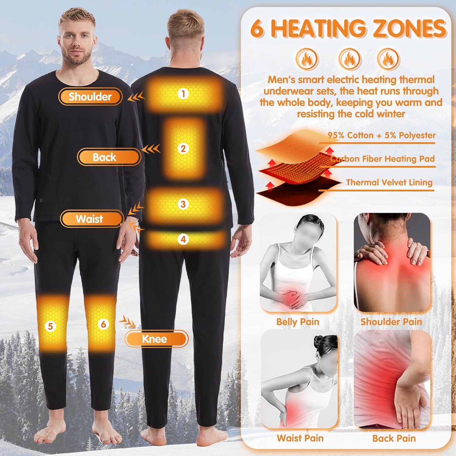 Heating Underwear Set, Men Electric Thermal Baselayer Shirt Pants Outdoor Heated Long Johns Set for Hunting, Skiing