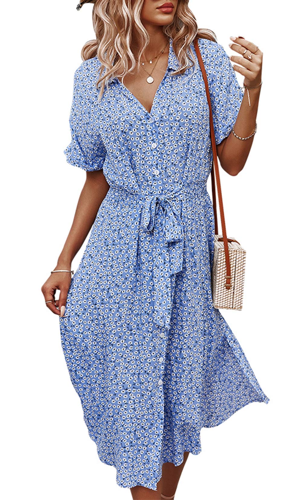 Jiraewh Women's Floral Summer Dress, Short Sleeve, Knee-Length, V-Neck, Loose, Button Dress, High Waist, Midi Shirt Dress, Beach Dress, Polka Dots