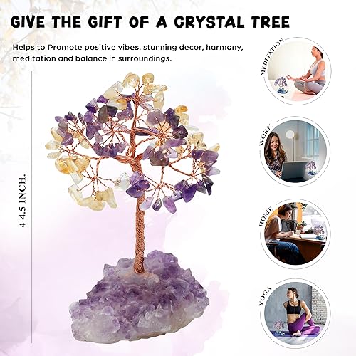 Miniatura 5 de Árbol de la vida con piedras preciosas de amatista, citrina, base amatista natural, alambre de cobre bonsái de energía positiva, feng shui, dinero,