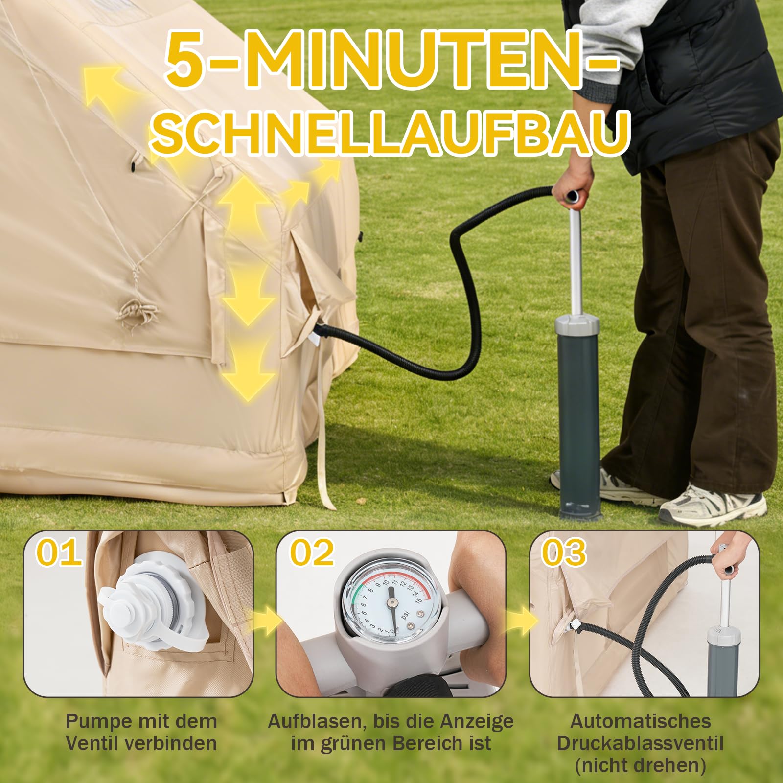 Aoxun Aufblasbares Zelt mit Pumpe für 4-8 Personen, 300×210cm winterfestes Aufblasbares Campingzelt mit Ofenloch für 4 Jahreszeiten, geräumiges Luftzelt für Glamping & Outdoor