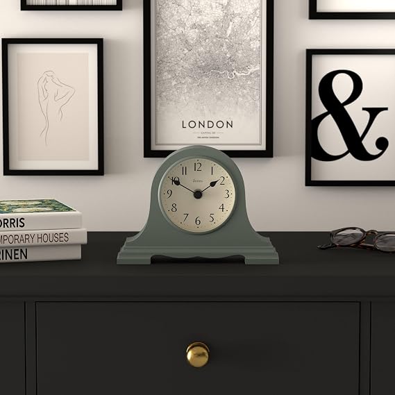 JONES CLOCKS Speakeasy Small Mantel Clock | Classic Napoleons hat Design | Green | Contemporary Classic Style for Desk, Table, Shelf or Bedside