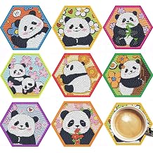 YIMORE 8 pcs Panda Coasters with Holder DIY Diamond Art Painting for Adults Beginners. Small Diamond Art Kits.Panda 30-8