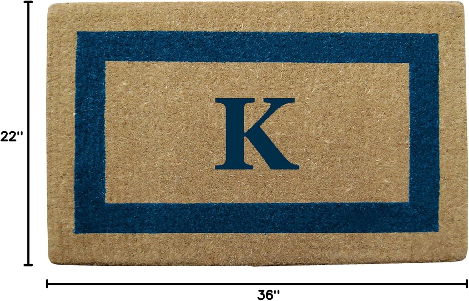 Nedia Home Heavy Duty Coir Door Mat - Personalized Monogram K, Single Picture Frame Design, Natural Coco Fiber Welcome Mat, Durable Handcrafted Outdoor Rug, Eco-Friendly, Blue 22" x 36", O2029K