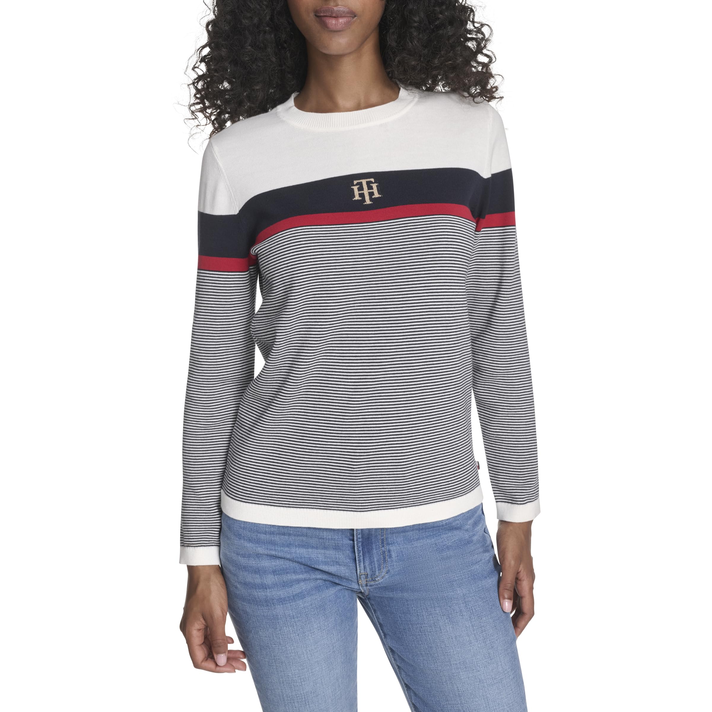 Tommy Hilfiger Women's Ivory Multi Crewneck Long Sleeve Cotton Crewneck Pullover Sweater, M