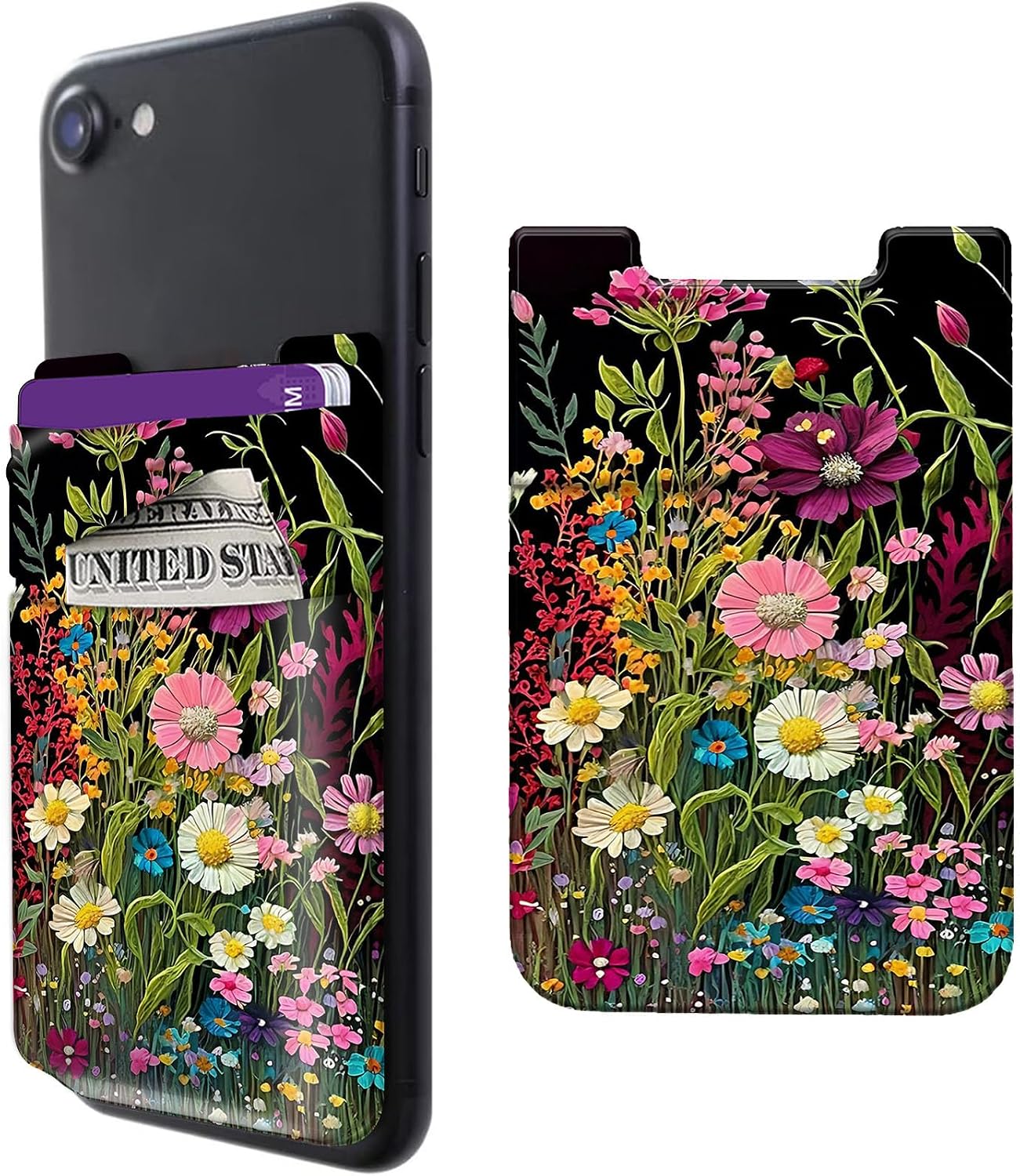 Rossy Cell Phone Wallet Adhesive Card Holder Stick on Wallet Pocket Lycra Credit Card ID Case With Wildflowers Stylish Pattern for Back of Phone for All Smartphones