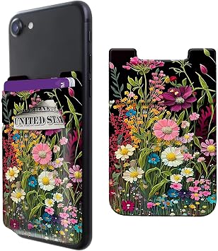 Rossy Cell Phone Wallet Adhesive Card Holder Stick on Wallet Pocket Lycra Credit Card ID Case With Wildflowers Stylish Pattern for Back of Phone for All Smartphones