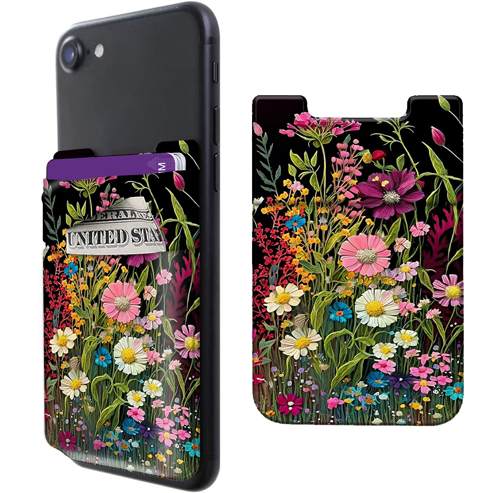 Rossy Cell Phone Wallet Adhesive Card Holder Stick on Wallet Pocket Lycra Credit Card ID Case With Wildflowers Stylish Pattern for Back of Phone for